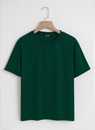 Unisex Oversize Bisiklet Yaka Düz Basic T-Shirt - KOYU YEŞİL