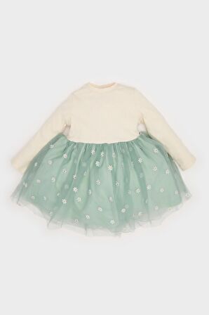 DeFacto Kız Bebek Çiçekli Uzun Kollu Tül Elbise D9327A525SPGN1114