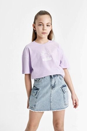 DeFacto Kız Çocuk Relax Fit Bisiklet Yaka Baskılı 2'li Kısa Kollu Tişört B6703A824SMPR67