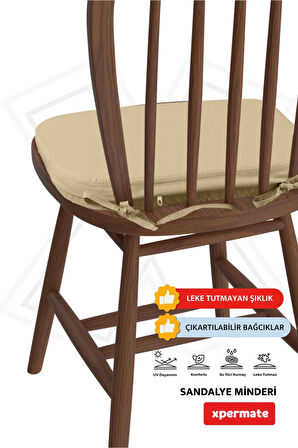 XPERMATE StandartFit Oval Sandalye Minderi Fermuarlı Yıkanabilir Kılıf Bağcıklı Su ve Yağ İtici 42x42x5 Bej
