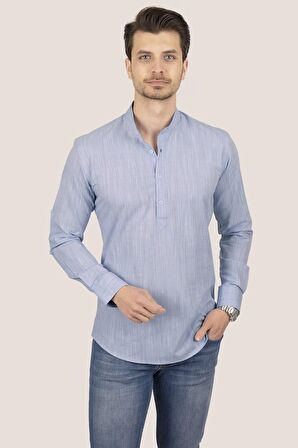 Mavi Hakim Yaka Üç Düğmeli Slimfit Keten Gömlek