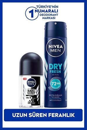 Nivea MEN Erkek Sprey Deodorant Dry Fresh 150ml ve Mini Roll-on Black&White Original 25ml, Ter Karşıtı