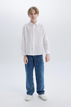 Erkek Çocuk Regular Fit Polo Yaka Dokulu Uzun Kollu Gömlek
