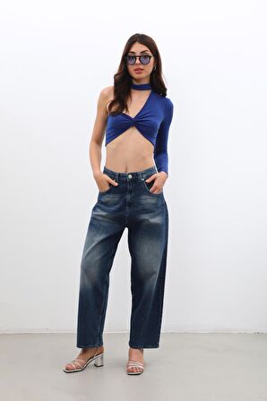 Kadın Yüksek Bel Skater Fit Jean Pantolon Lacivert
