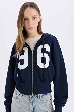 DeFacto Coool Oversize Geniş Kalıp Kapüşonlu Baskılı Kalın Fermuarlı Sweat Hırka E5462AX25SMNV241