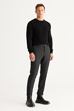 Erkek Antrasit Slim Fit Dar Kesim Beli Bağlamalı Desenli Esnek Pantolon