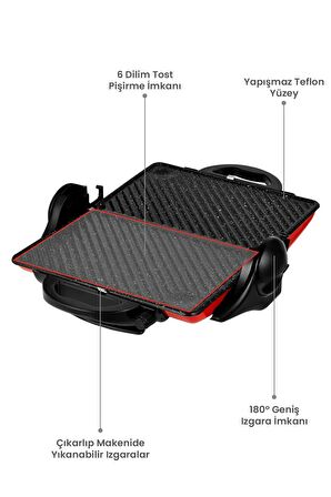 Awox Orion Tost Ve Izgara Makinesi 180° Açılabilir 1800w Kırmızı