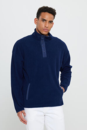 Erkek Lacivert Loose Fit Bato Yaka Desenli Polar