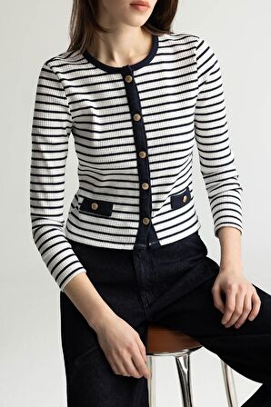 Slim Fit Dar Kesim Bisiklet Yaka Çizgili Uzun Kollu Hırka