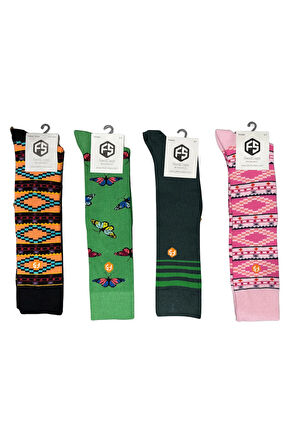 Kadın Renkli Desenli Pamuklu Dizaltı Çorap