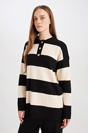 DeFacto Regular Fit Polo Yaka Düğmeli Çizgili Kazak Tunik D2442AX24WNBK81