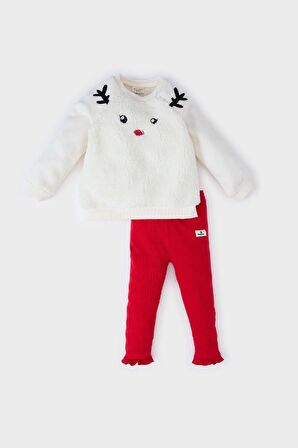 DeFacto Kız Bebek Yılbaşı Temalı 2'li Takım Bisiklet Yaka Pelüş Sweatshirt Beli Lastikli Tayt D6512A524WNWT47