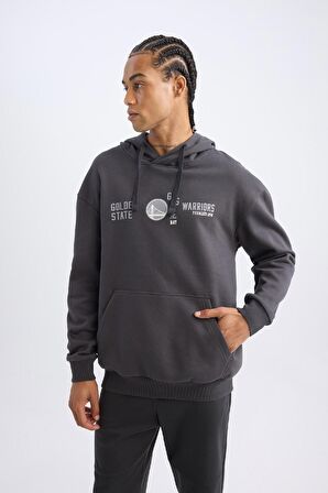DeFactoFit NBA Golden State Warriors Boxy Fit Kapüşonlu Baskılı Kalın Sweatshirt D0674AX24AUAR231