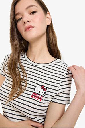 DeFacto Coool Hello Kitty Çizgili Bisiklet Yaka Kısa Kollu Tişört F4566AX25SMWT32