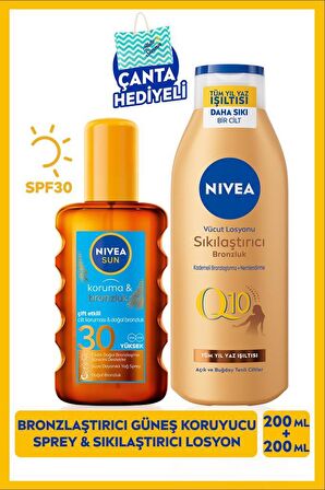 NIVEA SUN Güneş Koruyucu ve Bronzlaştırıcı Vücut Spreyi 200ml, SPF30 ve Q10 Sıkılaştırıcı Bronzlaştırıcı Vücut Losyonu 200ml, Çanta Hediye