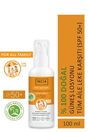 INCIA %100 Doğal Organik Tamanu Yağlı Güneş Losyonu Mineral Filtreli Tüm Aile İçin SPF 50+ 100 ml