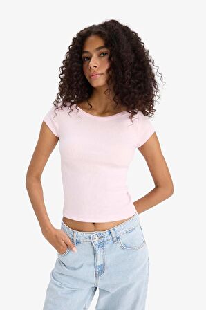 Slim Fit Dar Kesim Kayık Yaka Fitilli Kaşkorse Kısa Kollu Tişört