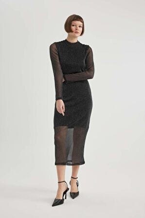 DeFacto Bodycon Vücudu Saran Basic Düz Yarım Balıkçı Yaka Uzun Kollu Tül Midi Elbise B6668AX23WNBK81