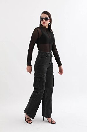 Kadın Kargo Cepli Jean Pantolon Antrasit