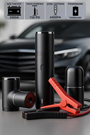 Mioji Mio 2 4in1 Akü Takviye Mini Şarjlı Süpürge Hava Pompası ve Led Fener 10400mAh Araba Kombo Kit
