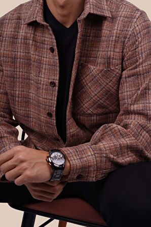 Kiremit Hasır Desenli Oversize Erkek Gömlek