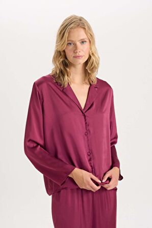 DeFacto Fall in Love Pijama Takım Basic Düz Saten Uzun Kollu Üst Beli Lastikli Alt D6940AX24AUPR169