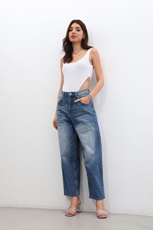 Kadın Yüksek Bel Skater Fit Jean Pantolon Mavi