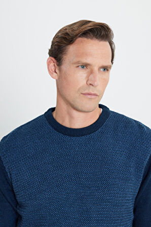 Erkek Lacivert-mavi Standart Fit Normal Kesim Bisiklet Yaka Petek Desenli Triko Kazak