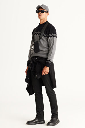 Erkek Sıyah-grı Melanj Standart Fit Normal Kesim Yarım Balıkçı Yaka Zikzak Desenli Triko Kazak