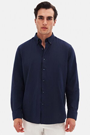 D'S Damat Ds Damat Comfort Lacivert Düğmeli Yaka Rahat Kesim Keten Görünümlü  Pamuk Gömlek 2HC02ORT64265