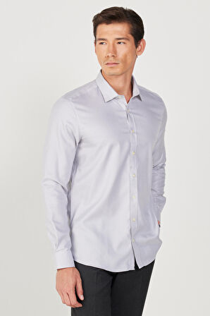 Erkek Gri Ütü Gerektirmez Taılored Slim Fit Dar Kesim Klasik Yaka %100 Pamuk Non-Iron Gömlek