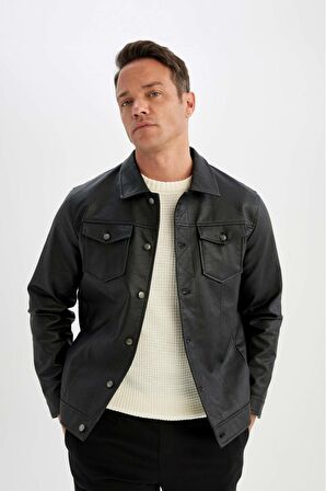 DeFacto Slim Fit Gömlek Yaka Suni Deri Ceket Mont C4861AX24WNBK27