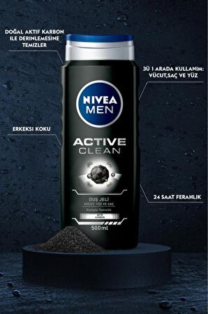 Nivea Men Erkek Duş Jeli Active Clean 500 Ml, 3'ü 1 Arada Komple Bakım, Aktif Karbon, Vücut Saç Ve Yüz