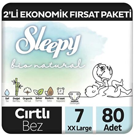 Sleepy Bio Natural Premium Plus 2'li Ekonomik Fırsat Paketi Bebek Bezi 7 Numara Xxlarge 80 Adet