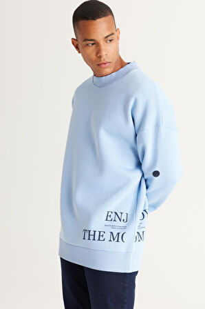 Erkek Açık Mavi Oversize Fit Bol Kesim Içi Polarlı 3 Iplik Pamuklu Baskılı Sweatshirt