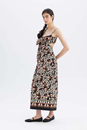 DeFacto Lug Von Siga x DeFacto Bodycon Desenli Askılı Poplin Midi Elbise C1297AX24SMBK81