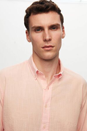 Slim Fit Pembe Düğmeli Yaka %100 Pamuk Yazlık Flamlı Keten Görünümlü Gömlek 6HC02ORT63265