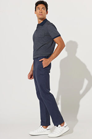 Erkek Lacivert Comfort Fit Rahat Kesim Pamuklu Diyagonal Desenli Esnek Pantolon