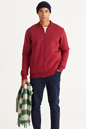 Erkek Bordo Standart Fit Normal Kesim Içi Polarlı 3 Iplik Kolej Yaka Pamuklu Sweatshirt Ceket