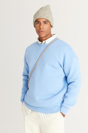 Erkek Açık Mavi Oversize Bol Kesim Içi Polarlı 3 Iplik Bisiklet Yaka Pamuklu Sweatshirt