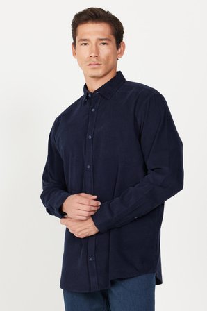 Erkek Lacivert Comfort Fit Rahat Kesim Gizli Düğmeli Yaka %100 Pamuk Gömlek