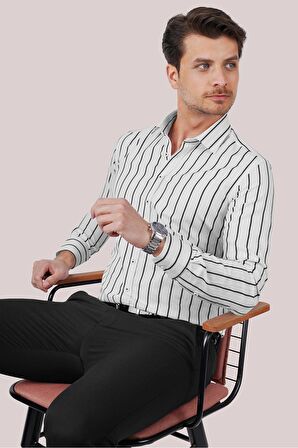 Beyaz Siyah Çizgili Slimfit Oduncu Gömlek