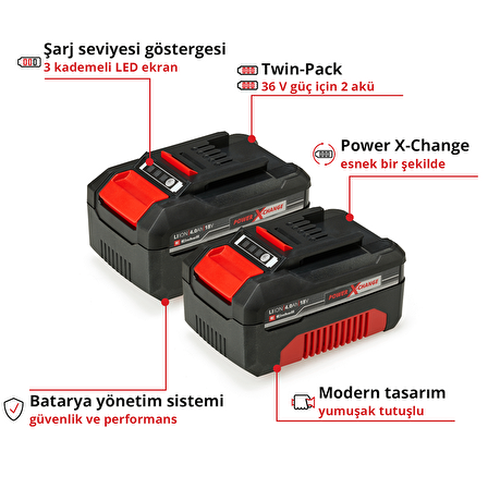 Einhell PXC Twin Pack 4.0 Ah Power X-Change Akü (Li-Ion, 18 V, 2 x 4.0 Ah, Tüm Power X-Change cihazları ile uyumlu, Aktif Akü Yönetim Sistemi, Özel Şarj Döngüleri)