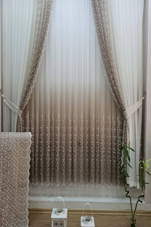 Bej Vizon Açık Kahve Renk Sağ Sol Kanat Fon ve İç Tül Takım Kombin Papatyalı Degrade Tül Perde