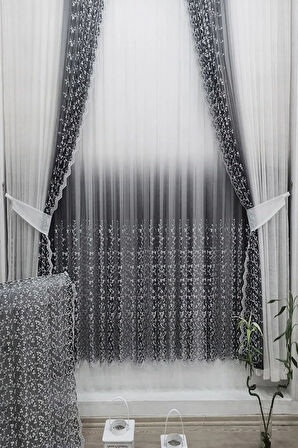 Gri Antrasit Renk Sağ Sol Kanat Fon Ve Iç Tül Takım Kombin Papatyalı Degrade Tül Perde