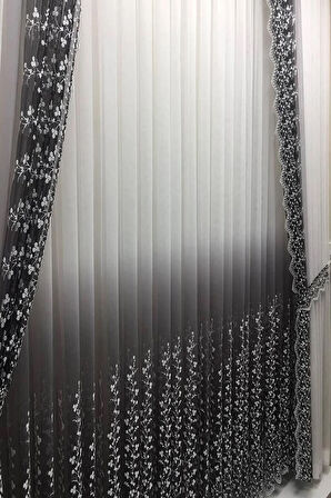 Gri Antrasit Renk Sağ Sol Kanat Fon Ve Iç Tül Takım Kombin Papatyalı Degrade Tül Perde