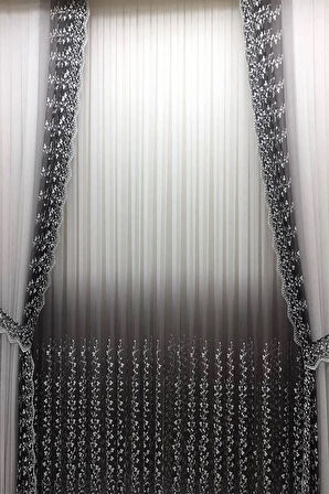 Gri Antrasit Renk Sağ Sol Kanat Fon Ve Iç Tül Takım Kombin Papatyalı Degrade Tül Perde