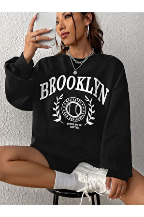 Unisex Siyah Brooklyn Baskılı Bisiklet Yaka Oversize Sweatshirt