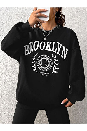 Unisex Siyah Brooklyn Baskılı Bisiklet Yaka Oversize Sweatshirt