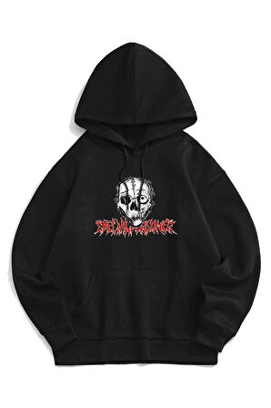 Unisex Siyah Kurukafa Baskılı Oversize Kapşonlu Sweatshirt